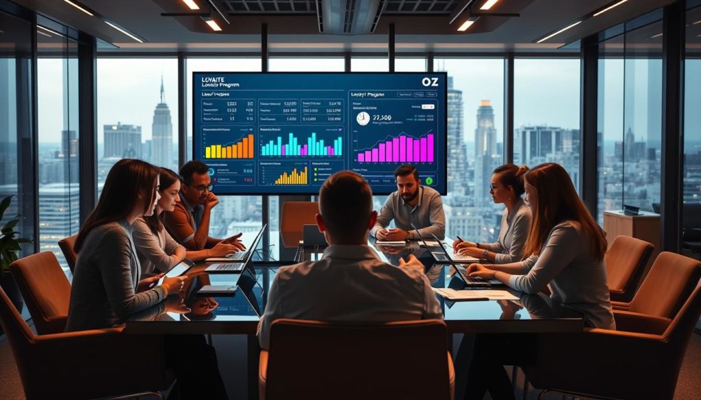 A sleek, modern office interior with a stylish conference table and comfortable chairs. In the foreground, a group of businesspeople are engaged in a discussion, their faces illuminated by the glow of tablets and laptops. The middle ground features a large touchscreen display, showcasing a loyalty program interface with colorful graphs and charts. The background is filled with a cityscape view through floor-to-ceiling windows, bathed in warm, soft lighting. The atmosphere conveys a sense of innovation, technology, and collaborative teamwork, reflecting the role of technology in supporting successful loyalty programs.