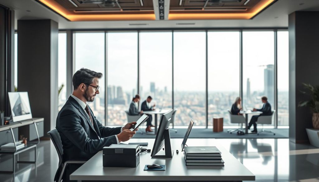 A sleek, modern office interior with an expansive view of a cityscape through large windows. In the foreground, a well-dressed attorney sits at a minimalist desk, intently studying a tablet device. Atop the desk, a neatly arranged array of office supplies and a discreet desktop computer convey an atmosphere of efficiency and professionalism. The middle ground features a team of associates collaborating on laptops, while the background showcases a stylish, contemporary decor with geometric accents, soft lighting, and a sense of technological innovation. The overall scene evokes a law firm leveraging the power of marketing automation to streamline workflows and enhance client service.