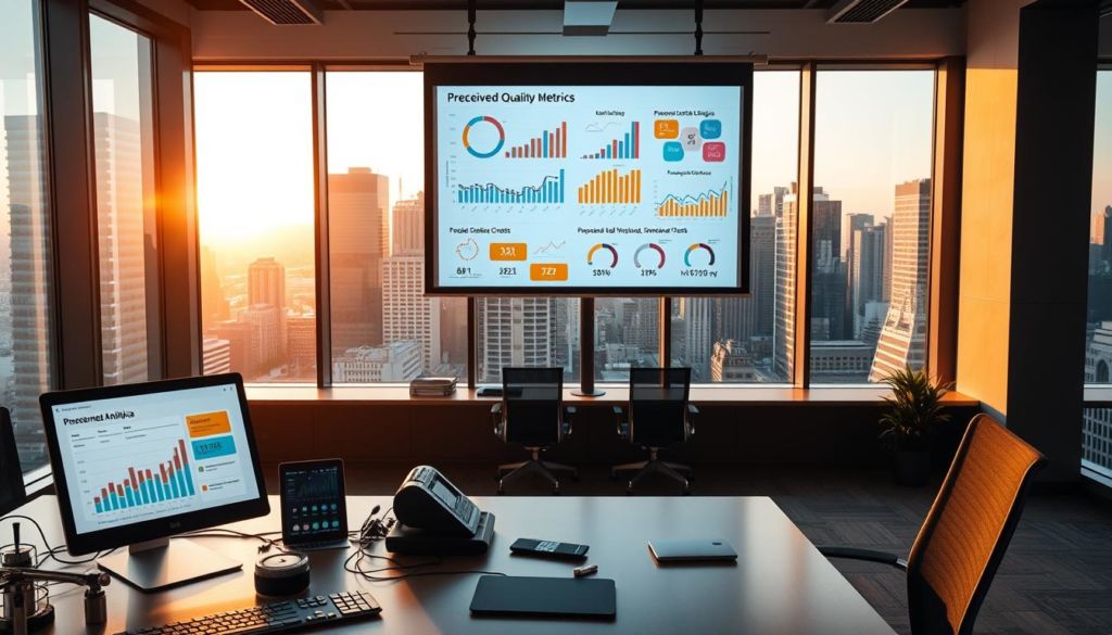 A sleek, modern office setting with a focus on measurement and analysis. In the foreground, a desk with various measurement tools and a laptop displaying visual analytics. In the middle ground, a large projector screen showcasing graphs, charts, and infographics related to perceived quality metrics. The background features floor-to-ceiling windows overlooking a bustling city skyline, bathed in warm, natural lighting. The overall atmosphere conveys a sense of professionalism, precision, and data-driven decision making.