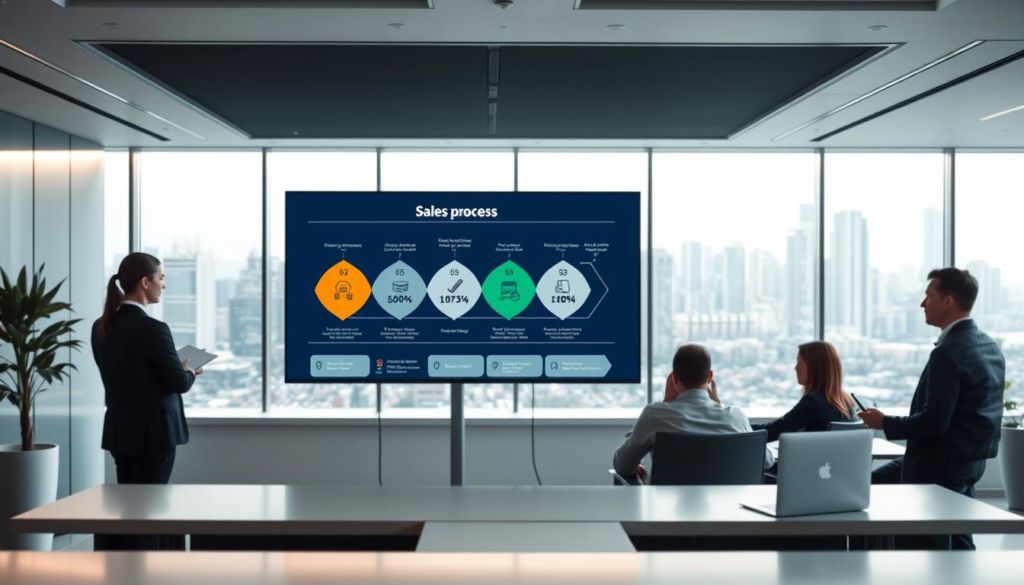 A sleek, modern office setting with a focus on organization and productivity. In the foreground, a well-structured sales process diagram is displayed on a large monitor, showcasing the various stages and metrics. The middle ground features a team of business professionals collaborating around a conference table, discussing strategies and analyzing data. The background depicts a panoramic view of a bustling city skyline, hinting at the broader commercial landscape. Soft, directional lighting illuminates the scene, creating a sense of professionalism and progress. The overall atmosphere conveys the benefits of a streamlined, data-driven sales approach - increased efficiency, better decision-making, and ultimately, greater business success.