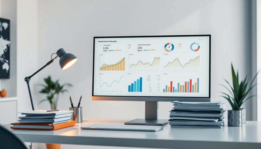 A sleek, modern office setting with a large computer monitor displaying analytical charts and graphs. The monitor is positioned on a minimalist desk, surrounded by stacks of documents, a pen cup, and a subtle desk lamp providing warm, directional lighting. The background features clean, white walls and a glimpse of a potted plant, conveying a sense of professionalism and productivity. The overall atmosphere is one of focused monitoring and meticulous analysis of key performance indicators, reflecting the "Monitoramento de Resultados" section of the article.