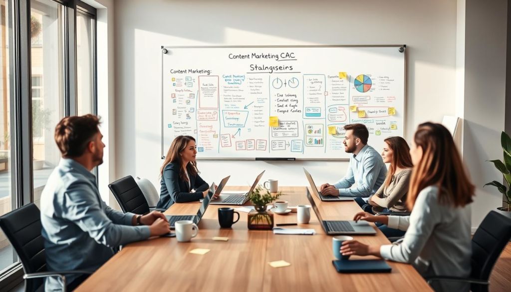 A sleek, modern office setting with a large whiteboard filled with colorful diagrams, charts, and notes on content marketing strategies for reducing customer acquisition cost (CAC). The room is bathed in warm, natural lighting filtering through large windows, creating a productive and inviting atmosphere. A team of marketing professionals is gathered around a conference table, engaged in a lively discussion, examining data and brainstorming innovative ideas. Subtle details like coffee mugs, laptops, and sticky notes add to the sense of a collaborative, strategic workspace. The overall mood is one of focus, creativity, and a shared mission to optimize marketing efforts and drive business growth.
