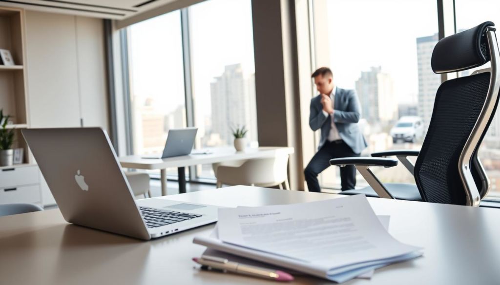 A sleek, modern office setting with a stylish desk, ergonomic chair, and minimalist decor. In the foreground, a laptop and legal documents sit prominently, representing the legal considerations of influencer marketing. The middle ground features a professional-looking influencer, dressed in smart casual attire, engaged in thoughtful contemplation. Soft, natural lighting filters in through large windows, creating a warm, inviting atmosphere. The background showcases a cityscape, hinting at the wider business landscape in which influencer marketing operates. The overall scene conveys a sense of professionalism, responsibility, and attention to legal and ethical practices in the influencer marketing industry.
