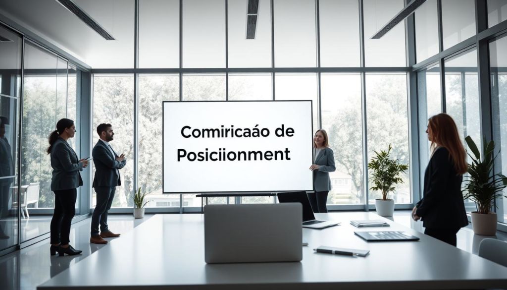 A sleek, modern office setting with clean lines and minimalist design. In the foreground, a large whiteboard or digital display showcases a visual presentation of "Comunicação de Posicionamento", surrounded by professional-looking individuals engaged in discussion. The middle ground features a clean, well-organized desk with a laptop, pen, and notepad, suggesting an active work environment. The background is filled with floor-to-ceiling windows, allowing natural light to flood the space and creating a sense of openness and transparency. The overall mood is one of collaborative, forward-thinking communication, with a strong emphasis on visuals and strategic positioning.
