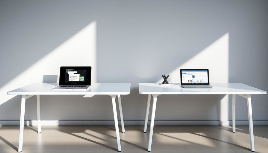 A sleek, modern office setting with two desks side-by-side, one for an advanced AI system like ChatGPT and the other for an AI assistant powered by Auto GPT. The desks are positioned under bright, angled lighting, casting dramatic shadows. On the ChatGPT desk, an open laptop displays the model's iconic conversational interface, while the Auto GPT desk features a tablet showing a clean, intuitive dashboard. The background is a minimalist gray wall, emphasizing the technological focus. The scene conveys a sense of comparison and contrast between the two AI tools, highlighting their distinct capabilities and user experiences.