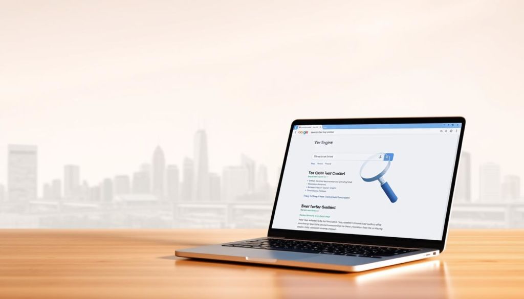A sleek, modern website design with a clean layout showcasing various SEO optimization techniques. In the foreground, a laptop screen displays a search engine results page, highlighting well-optimized web content. In the middle ground, a magnifying glass icon symbolizes the importance of search engine visibility. The background features a minimalist cityscape skyline, conveying the global reach and scale of online optimization. The overall scene is illuminated by a warm, natural light, creating a professional and authoritative atmosphere.