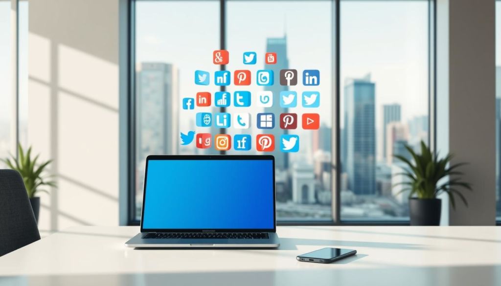 A sleek office workspace with a modern, minimalist aesthetic. In the foreground, a laptop and a smartphone sit atop a clean, white desk, symbolizing the automation of social media tasks. In the middle ground, various social media platform icons float in a grid-like arrangement, showcasing the interconnectivity of these digital tools. The background features a large window overlooking a vibrant cityscape, hinting at the global reach and impact of social media automation. Soft, directional lighting casts gentle shadows, creating a sense of depth and professionalism. The overall scene conveys efficiency, innovation, and the power of technology to streamline digital marketing efforts.