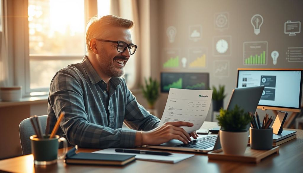 A small business owner enthusiastically reviewing financial reports on a laptop, surrounded by office supplies and a potted plant on a minimalist wooden desk. The scene is bathed in warm, natural lighting from a large window, casting a cozy, productive atmosphere. The business owner's face is focused yet content, reflecting the benefits of implementing efficient automation systems. In the background, various digital interfaces and icons hint at the technological solutions that enable this streamlined workflow.