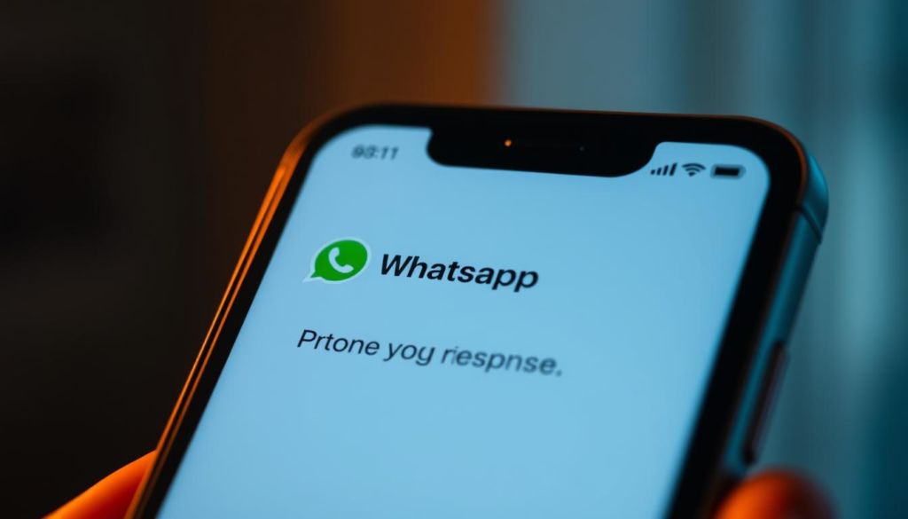 A smartphone screen displaying a WhatsApp conversation with an automated message, illuminated by warm, diffused lighting from the side. The message is simple and straightforward, conveying the idea of a customizable, time-saving response for WhatsApp users. The background is blurred, emphasizing the screen and the message as the focal point. The overall mood is one of efficiency and convenience, reflecting the practical nature of the topic.