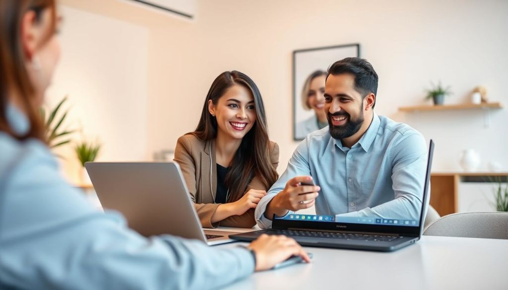 A social media customer interaction scene featuring a smiling customer service representative engaging with an attentive client on a laptop screen, set against a bright, modern office backdrop with minimalist decor, warm lighting, and a clean, professional atmosphere that conveys a sense of effective and personalized digital communication for a dental clinic's social media presence.