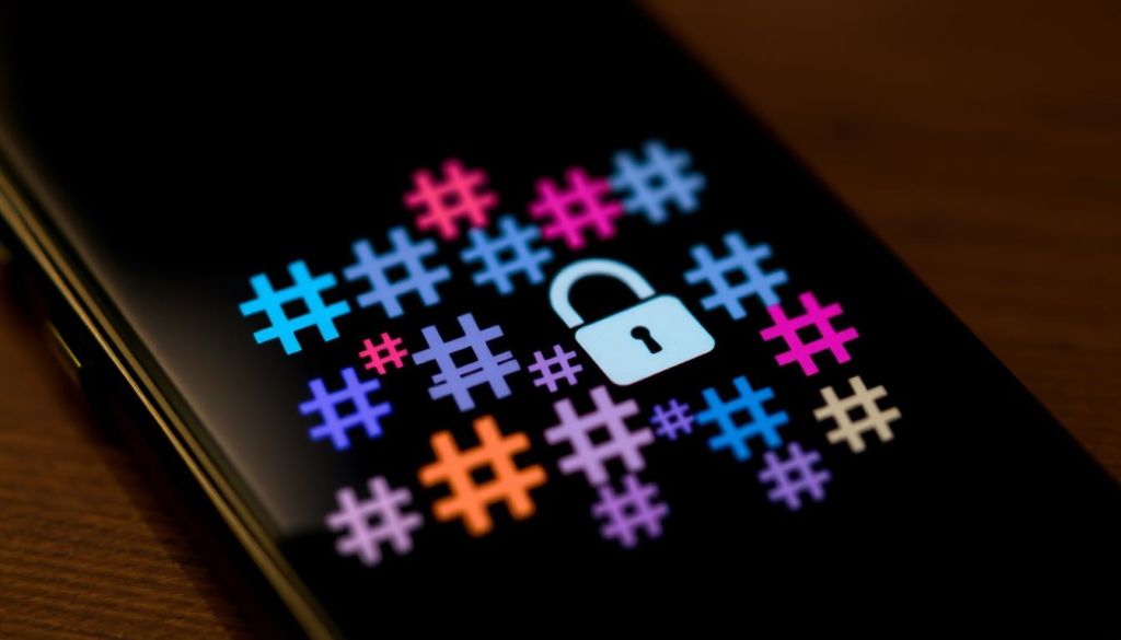 A social media feed featuring a cluster of trending hashtags, some with a lock icon, set against a blurred backdrop of a smartphone screen. The hashtags are composed of bold, dynamic typography in a variety of colors, creating a visually striking and thought-provoking composition. Subtle lighting from the device casts a warm, ambient glow, adding depth and dimension to the scene. The overall mood evokes a sense of digital privacy and the complex relationship between open expression and personal data on modern social platforms.