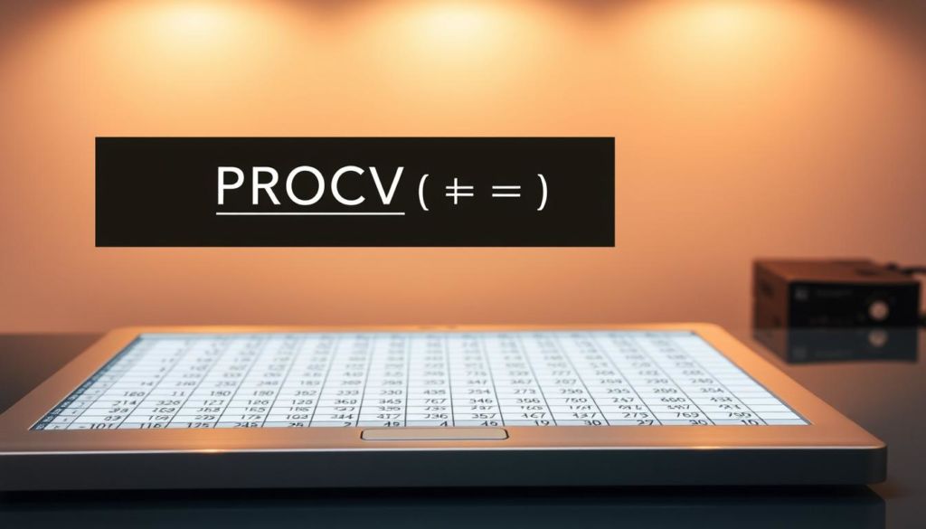 A sophisticated Excel spreadsheet displayed on a sleek metallic desk, illuminated by warm overhead lighting. In the foreground, a detailed PROCV function formula hovers above the cells, its structure and syntax clearly visible. The middle ground showcases a grid of data, hinting at the power and versatility of this Excel tool. In the background, a subtle gradient fades to a neutral, minimalist environment, allowing the focus to remain on the technical aspects of the PROCV function and its limitations.