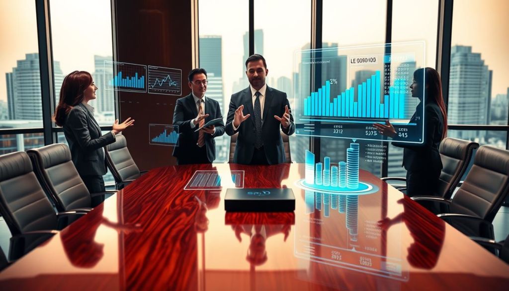 A sophisticated business strategy tableau depicting "estratégias de vendas". In the foreground, a group of corporate professionals engaged in a dynamic sales presentation, gesturing towards sleek, holographic sales charts and graphs hovering before them. The middle ground features a boardroom setting with a polished mahogany table and ergonomic chairs, bathed in warm, diffused lighting. In the background, the cityscape visible through large windows conveys a sense of urban sophistication. The overall mood is one of confident professionalism, strategic planning, and the pursuit of complex sales objectives.
