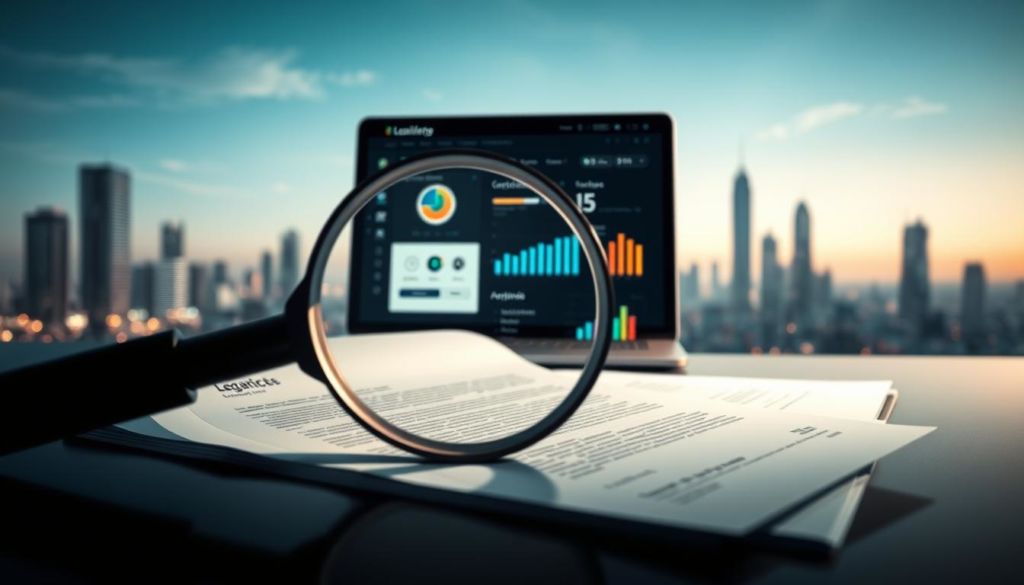 A sophisticated digital illustration depicting the concept of "Legalidade e Taxa de Aprovação". The foreground features a magnifying glass hovering over a series of legal documents, meticulously rendered with a sense of detail and authority. The middle ground showcases a sleek, modern e-commerce interface, its user experience metrics and approval ratings displayed in clean, infographic-style visualizations. The background subtly suggests the broader context of online commerce, with a soft-focused cityscape of towering skyscrapers and flourishing tech hubs. The overall mood is one of professionalism, technological progress, and a keen emphasis on the importance of compliance and user trust. A dramatic chiaroscuro lighting scheme casts dramatic shadows, heightening the visual impact. Rendered with a photorealistic style using a high-resolution, wide-angle camera lens.