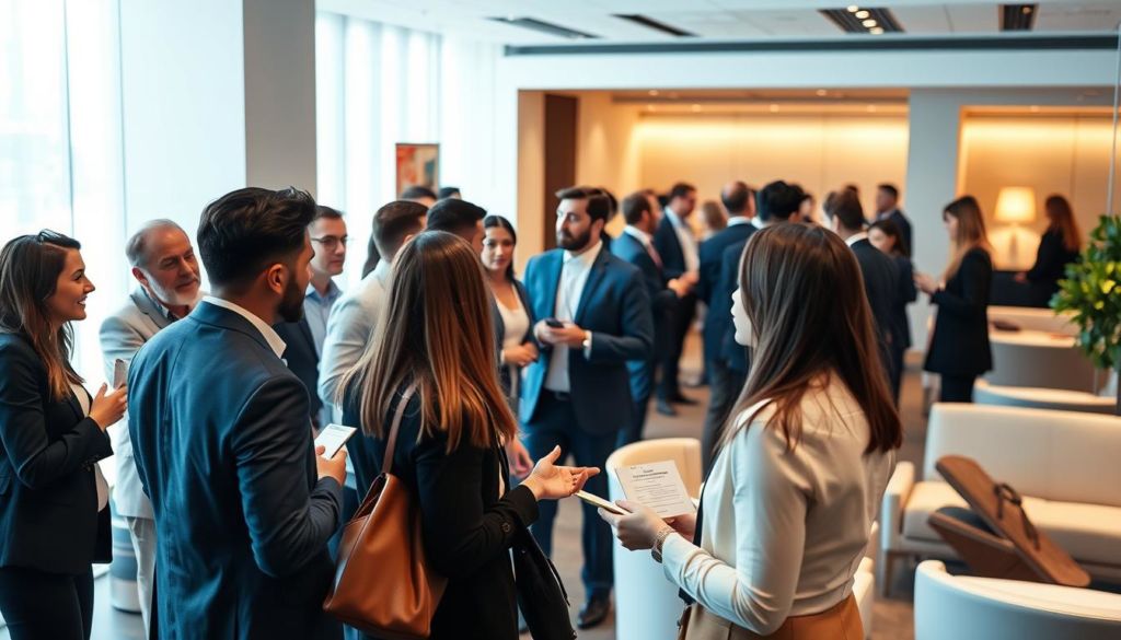 A sophisticated networking event in a modern, minimalist venue. The foreground features a group of professionals engaged in lively conversation, their body language conveying a sense of connection and energy. In the middle ground, individuals are exchanging business cards and shaking hands, creating new leads. The background showcases a sleek, well-lit space with contemporary furniture and decor, evoking a sense of professionalism and opportunity. Soft, diffused lighting casts a warm glow, and the overall scene exudes an atmosphere of productivity, collaboration, and potential for growth.
