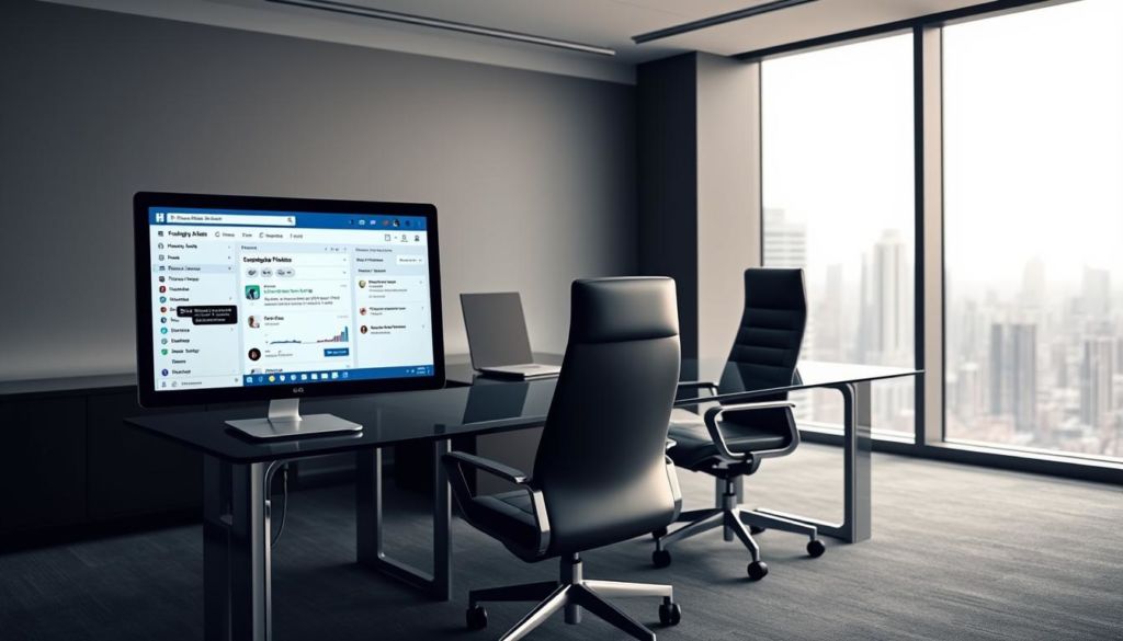 A sophisticated office setting with a sleek, minimalist aesthetic. In the foreground, a computer monitor displays a detailed Facebook Ads Manager interface, showcasing various account management tools and controls. The middle ground features an ergonomic desk with a modern, glass-topped design, complemented by a high-backed, leather office chair. The background depicts a stylish, softly-lit work environment, with floor-to-ceiling windows offering a panoramic city skyline view. Muted tones of gray, white, and black create a sense of professional elegance, while subtle highlights of chrome and brushed metal add a touch of technological sophistication. The overall scene conveys a sense of efficiency, organization, and the power of digital marketing platforms to drive business success.