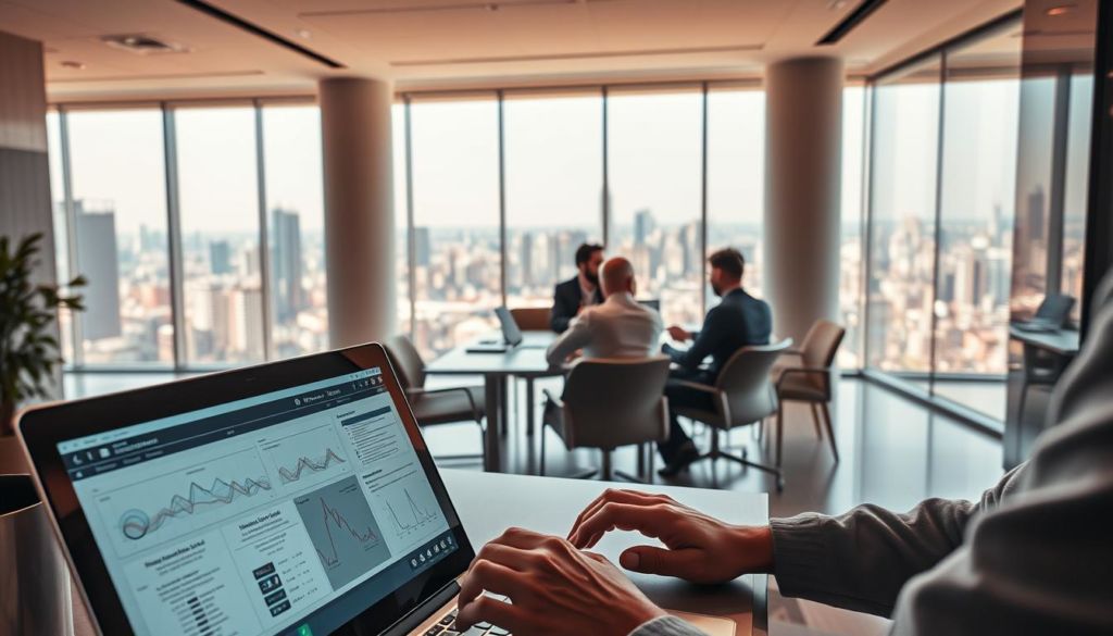 A sophisticated technical process of domain migration unfolding within a sleek, minimalist office environment. In the foreground, a laptop displays intricate diagrams and charts, while a professional's hands deftly navigate the interface. The middle ground features a team of engineers collaborating around a conference table, their expressions focused and determined. In the background, floor-to-ceiling windows offer a panoramic view of a bustling cityscape, conveying a sense of progress and modernization. The scene is bathed in warm, directional lighting, casting dramatic shadows and highlighting the precision of the technical work. An atmosphere of efficiency, innovation, and technological mastery permeates the space.