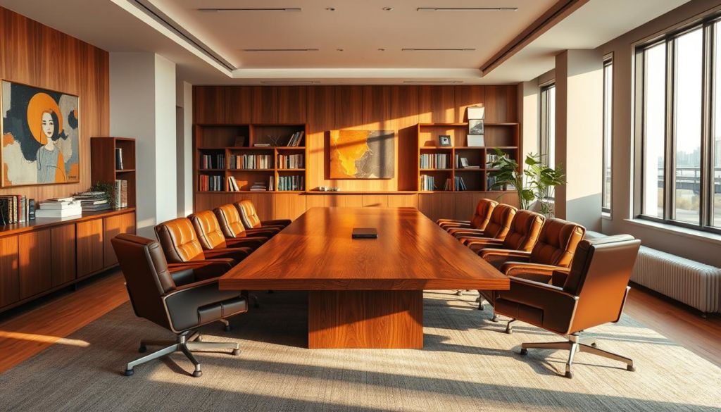 A spacious, well-lit office interior with a large wooden conference table in the center. Around the table, several comfortable chairs are arranged, creating an intimate and inviting atmosphere. The walls are adorned with abstract art pieces and shelves filled with books, conveying a sense of intellectual discourse. Warm, directional lighting casts soft shadows, highlighting the natural textures of the wood and leather. The large windows allow natural light to flood the room, creating a calm and serene ambiance. This layout and design aim to foster open communication, collaboration, and productive dialogue between the individuals gathered.