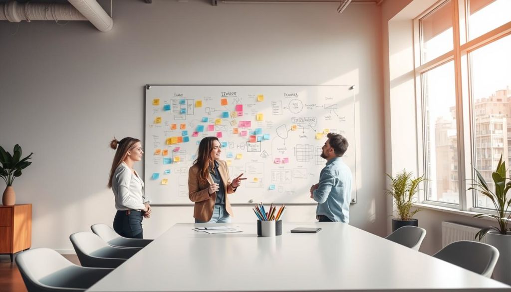 A spacious, well-lit office with a large whiteboard prominently displayed. Colorful sticky notes, marker pens, and brainstorming diagrams cover the board, reflecting an active session of ideation. In the foreground, a team of three professionals - a woman, a man, and a non-binary individual - stand around a sleek, minimalist table, deep in discussion, their faces animated with creative energy. The room's neutral palette and modern furnishings create a calm, focused atmosphere, encouraging the flow of ideas. Soft natural light filters in through large windows, casting a warm glow over the scene. The overall composition suggests a collaborative, productive brainstorming session, capturing the essence of "Brainstorming de Ideias".