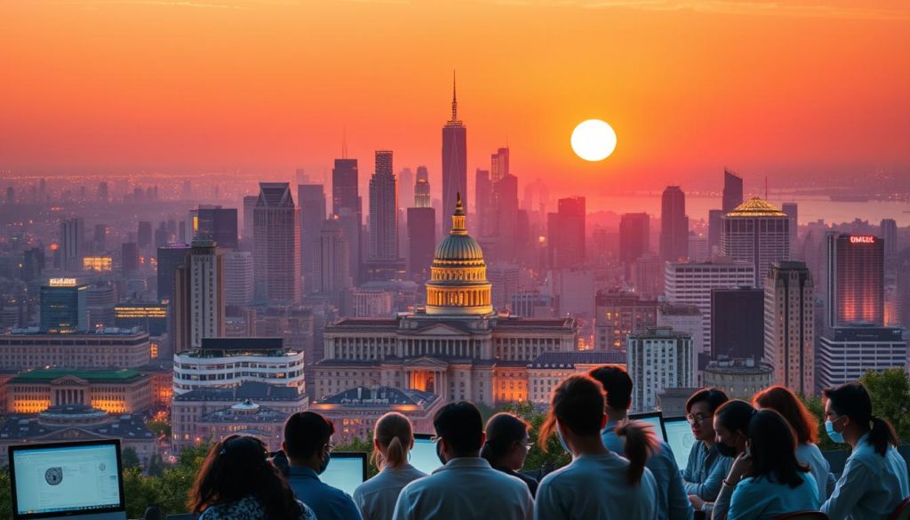 A sprawling city skyline, illuminated by the warm glow of the setting sun, serves as the backdrop for a series of vibrant public policy initiatives and educational incentives. In the foreground, a group of students and educators gather around a virtual classroom, their faces lit by the soft, diffused light of computer screens. The middle ground features a series of government buildings and signage, hinting at the institutional support and legislative efforts driving the expansion of online learning. The overall scene conveys a sense of progress, collaboration, and a shared commitment to leveraging technology to democratize education.