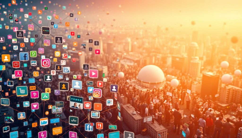 A sprawling, dynamic social media landscape, with vibrant, intertwined platforms occupying the foreground. Scrolling feeds, sharing icons, and dynamic graphs create a sense of connectivity and engagement. In the middle ground, virtual communities gather, exchanging ideas and content through intuitive interfaces. The background fades into a soft, blurred world of technology, hinting at the vast scale and potential of these digital networks. Warm, ambient lighting casts a inviting glow, reflecting the power of social media to bring people together. The overall scene conveys the essential role of social networks in modern human interactions and professional communication.