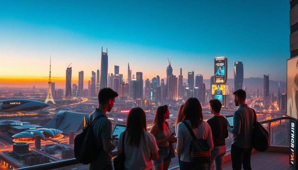 A sprawling futuristic metropolis stretches across the horizon, its gleaming skyscrapers and sleek hovercrafts reflecting the warm glow of the setting sun. In the foreground, a group of young, tech-savvy entrepreneurs gather, laptops and tablets in hand, discussing the next big innovation in the direct-to-consumer (D2C) market. The city's streets are alive with the energy of a new generation, ambitious and forward-thinking, ready to redefine the future of retail in Brazil. Vibrant neon signs and holographic advertisements hint at the cutting-edge technologies that will shape the D2C landscape, creating a sense of boundless possibilities. The scene exudes a mood of optimism, progress, and the unstoppable march of innovation.
