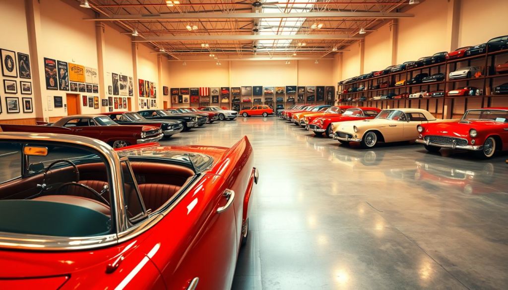 A sprawling showroom of meticulously restored classic cars, bathed in warm, golden lighting. The foreground features a gleaming 1960s convertible in vibrant cherry red, its sleek chrome trim reflecting the room's ambiance. In the middle ground, rows of vintage sedans, coupes, and roadsters from across the decades stand in perfect alignment, each a testament to the owner's passion for automotive history. The background reveals high ceilings, polished concrete floors, and minimalist shelving units displaying an array of carefully curated car-related memorabilia, creating an atmosphere of refined elegance and enthusiast's delight. An e-commerce platform for this timeless automotive haven is the perfect way to share these prized possessions with a global audience of classic car aficionados.