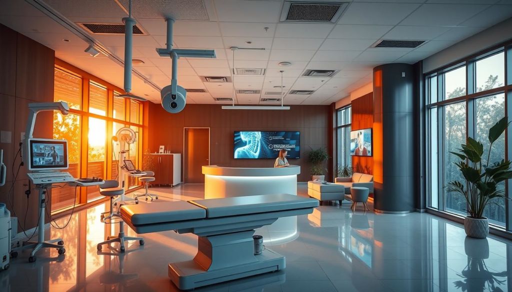 A state-of-the-art medical clinic, bathed in warm, natural lighting that filters through large windows. In the foreground, a high-tech examination table and various diagnostic instruments exude a sense of advanced medical technology. The middle ground features a sleek reception desk and digital display screens showcasing the clinic's cutting-edge services. In the background, a well-appointed waiting area with comfortable seating and plants creating a calming, modern atmosphere. The overall scene conveys a sense of professionalism, innovation, and patient-centric care.