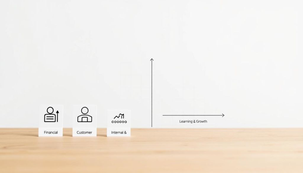 A step-by-step implementation of the Balanced Scorecard concept, depicted in a clean, minimalist style. In the foreground, a set of simple icons representing the four BSC perspectives - financial, customer, internal processes, and learning & growth. In the middle ground, a series of interconnected arrows illustrating the cause-and-effect relationships between these perspectives. The background features a grid-like pattern, symbolizing the structured, methodical nature of the BSC framework. Soft, neutral tones create a professional, business-oriented atmosphere. Crisp, high-contrast lighting accentuates the key elements, while a slightly elevated camera angle provides an authoritative, bird's-eye view of the implementation process.