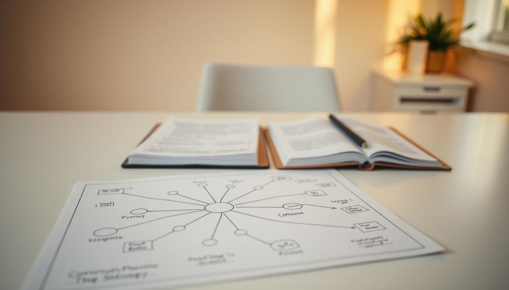 A strategic communication plan unfolding on a clean, minimalist desk. In the foreground, a blueprint-style diagram with interconnected nodes and lines, conveying the framework of a comprehensive communication strategy. In the middle ground, an open notebook with handwritten notes and sketches, suggesting the planning process. The background features a softly lit, neutral-toned office setting, creating a focused, contemplative atmosphere. Warm, directional lighting casts gentle shadows, emphasizing the tactile, thoughtful nature of the planning work. The overall scene radiates a sense of structure, organization, and intentional, analytical decision-making.