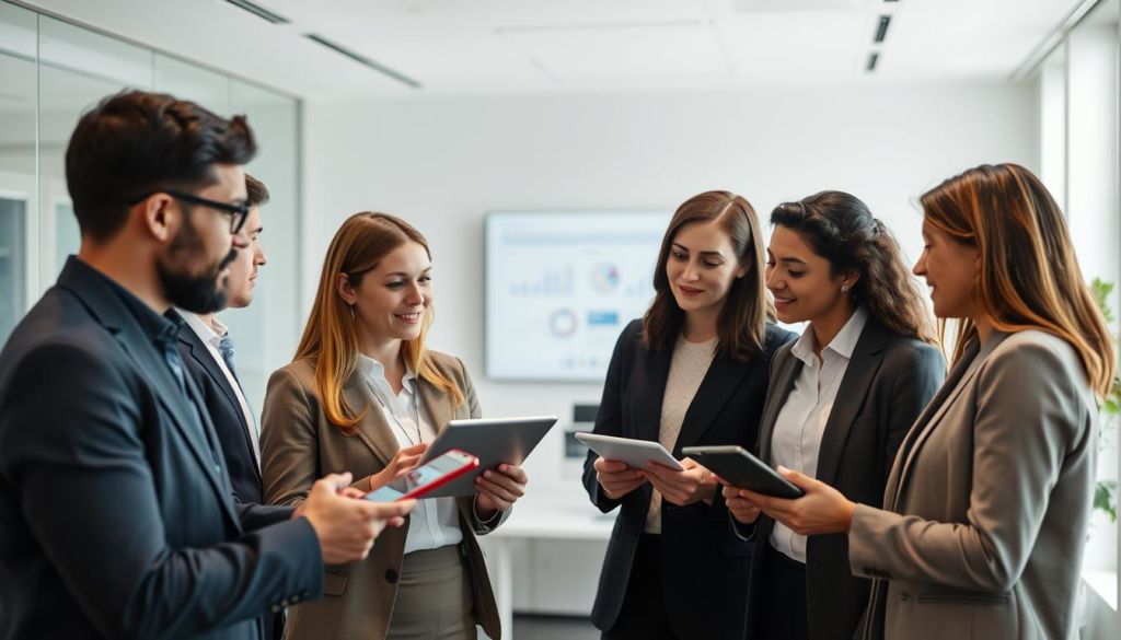 A strategic recruitment process, captured in a clean, modern aesthetic. In the foreground, a group of professionals engage in a thoughtful discussion, their expressions focused and collaborative. The midground showcases the latest recruitment technology - sleek tablets, interactive displays, and data visualizations. In the background, a minimalist office environment, bathed in soft, directional lighting that accentuates the efficient, forward-thinking nature of the scene. The overall composition conveys an atmosphere of innovation, insight, and a dedication to finding the right talent to drive a company's success.