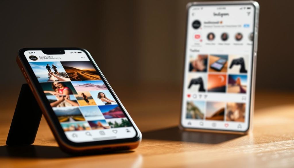 A strategically curated Instagram profile with a visually striking layout. In the foreground, a smartphone display showcases a collection of vibrant, high-quality images depicting various aspects of a lifestyle or brand. The middle ground features a clean, minimalist grid layout with posts arranged in a harmonious, aesthetically pleasing manner. In the background, a soft, blurred overlay of the Instagram interface provides context, while subtle design elements like icons and typography enhance the overall visual appeal. The lighting is soft and directional, creating depth and highlighting the profile's visual elements. The color palette is cohesive, using a mix of warm and cool tones to convey a sense of balance and professionalism. The entire scene is captured from a slightly elevated, slightly angled perspective, giving the viewer a sense of an expertly curated, visually captivating Instagram presence.