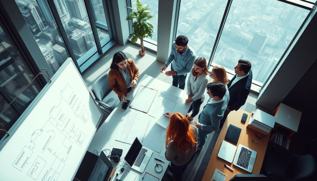 A strategically positioned overhead view of a modern office workspace, illuminated by natural light streaming through large windows. In the foreground, a team of diverse individuals engrossed in a lively discussion, whiteboard markers in hand, mapping out intricate sales strategies. The middle ground features neatly organized desks, laptops, and productivity tools, while the background showcases a vibrant cityscape, hinting at the broader business landscape. The overall atmosphere radiates a sense of collaborative energy and focused determination, capturing the essence of "inside sales estratégias" in a visually compelling manner.