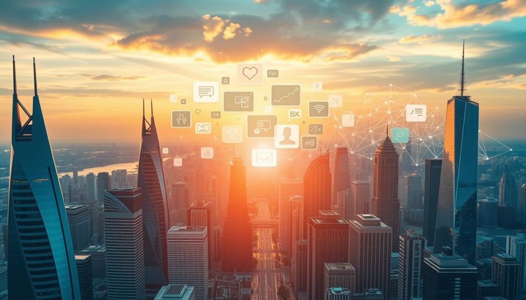 A striking aerial view of a modern city skyline, with sleek, futuristic-looking buildings in the foreground. The cityscape is bathed in a warm, golden light, creating a sense of innovation and dynamism. In the middle ground, various digital interface elements float in the air, representing the latest marketing technologies and strategies. In the background, a vibrant and colorful abstract pattern pulses with energy, symbolizing the ever-evolving nature of the marketing landscape. The overall composition conveys a sense of progress, creativity, and the endless possibilities of modern marketing.