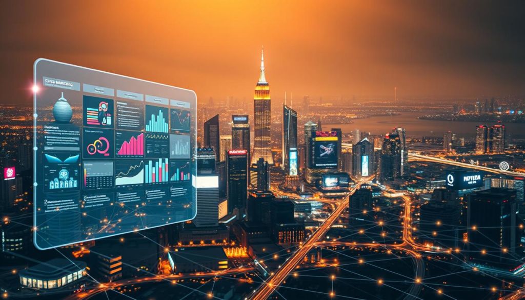 A striking digital landscape emphasizing the significance of modern marketing. In the foreground, a sleek, holographic display showcases vibrant data visualizations and interactive marketing tools. The middle ground features a bustling city skyline, with towering skyscrapers and neon-lit billboards, symbolizing the digital ecosystem of the modern marketplace. The background depicts a vast, interconnected network of digital pathways and glowing nodes, representing the interconnectivity and global reach of digital marketing. Warm, diffused lighting casts a sense of innovation and progress, while subtle lens flares and depth of field blur create a sense of depth and technological sophistication. The overall composition conveys the power, versatility, and indispensable nature of digital marketing in the modern business landscape.