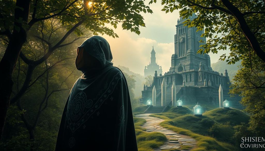 A striking narrative unfolds in an enchanting, dreamlike landscape. Soft, diffused light cascades through a lush, verdant forest canopy, casting a warm, inviting glow. In the foreground, a captivating figure emerges, their form shrouded in a cloak of mystery, their face partially obscured, beckoning the viewer to unravel their tale. Intricate patterns and symbols dance across the fabric, hinting at the depth and significance of the narrative. The middle ground reveals a winding path, leading the eye deeper into the scene, where a cluster of glowing, crystalline structures stand as guardians of hidden knowledge. In the distance, a towering, ancient structure rises, its weathered stones whispering of timeless stories waiting to be discovered. An atmosphere of reverence and wonder permeates the scene, inviting the viewer to become immersed in the captivating narratives that unfold.