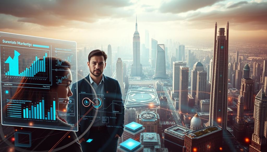 A striking technological landscape where the intersection of marketing and innovation is revealed. In the foreground, a sleek, holographic interface showcases data visualizations and digital analytics, hinting at the power of 21st-century marketing techniques. The middle ground features a trio of visionaries, their expressions intense as they ponder the future of consumer engagement. In the background, a vast cityscape of towering, futuristic structures represents the ever-evolving technological backdrop that empowers the new era of Marketing 3.0. The scene is bathed in a warm, ethereal light, creating an atmosphere of possibility and progress.