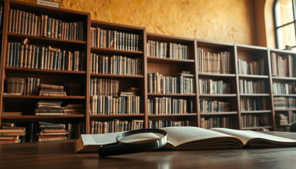 A study case library, with rows of books organized on wooden shelves against a warm, textured wall. The books have a vintage, well-worn appearance, hinting at their history and insights. Soft, directional lighting casts subtle shadows, creating depth and a contemplative atmosphere. In the foreground, a magnifying glass rests on a desk, suggesting close examination and analysis of the material. The overall scene conveys a sense of scholarly pursuit, inviting the viewer to delve deeper into the subject matter.