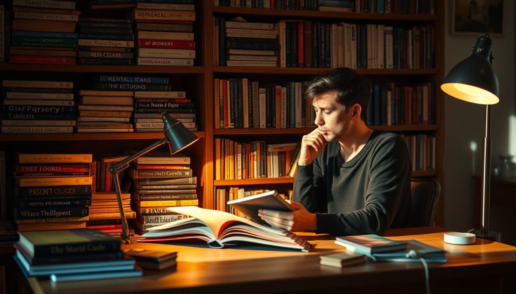 A study nook bathed in warm, golden light, with stacks of books and a thoughtful, contemplative figure seated at a wooden desk. The shelves behind are filled with volumes on personal growth and mental well-being, their spines hinting at the transformative lessons within. A sense of focused introspection permeates the scene, as the figure ponders the insights gleaned from the book in their hands. Soft shadows cast by the desk lamp create a cozy, reflective atmosphere, inviting the viewer to immerse themselves in the journey of self-improvement depicted.
