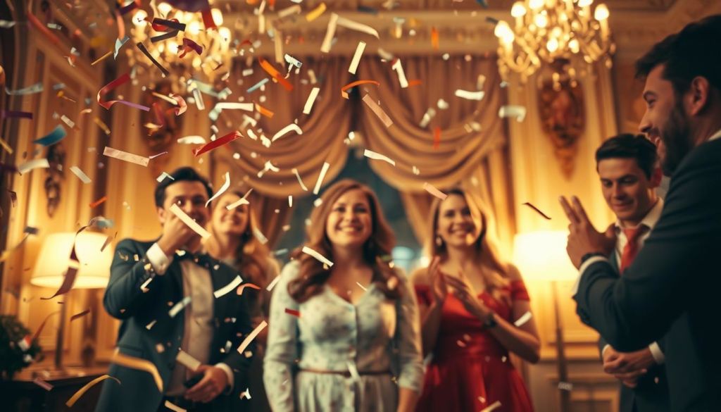 A stunning display of unexpected delight, a carefully orchestrated "técnicas de surpresa" unfolds before the viewer. In the foreground, a whimsical burst of confetti and streamers cascades, capturing the joyful spirit of the moment. The middle ground reveals a group of people, their faces alight with wonder and excitement, immersed in the surprise event. In the background, a softly lit, elegant setting provides a refined backdrop, hinting at the sophistication of the occasion. Warm, golden lighting bathes the scene, evoking a sense of celebration and festivity. The composition is dynamic, drawing the eye through the various layers, inviting the viewer to fully experience the "A Arte da Surpresa".