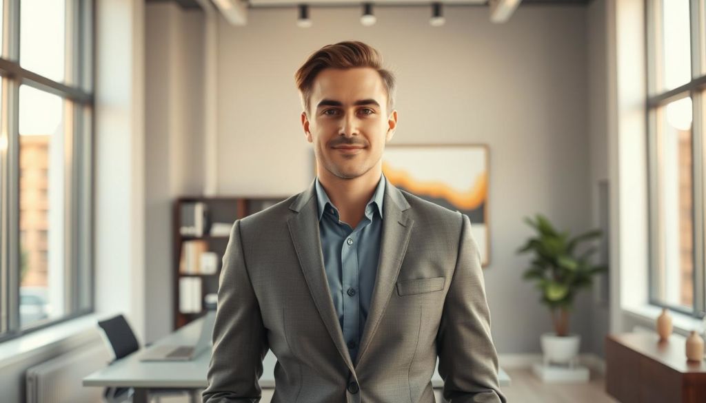 A successful person standing confidently in a sleek, modern office setting. Sunlight streams through large windows, casting a warm glow on the subject's face. They wear a well-tailored, professional outfit, exuding an air of competence and authority. In the background, a minimalist desk, bookshelves, and abstract wall art create a refined, aspirational atmosphere. The subject's gaze is direct, radiating a sense of determination and accomplishment. The camera angle is slightly elevated, emphasizing the subject's presence and success.