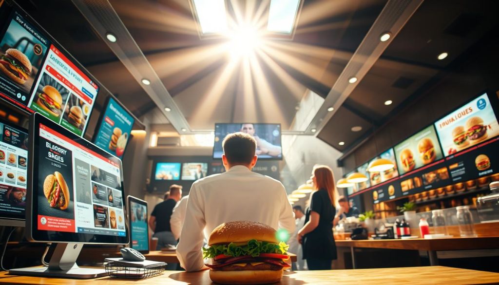 A sun-drenched digital marketing strategy for a bustling burger joint, captured with a cinematic wide-angle lens. In the foreground, an array of vibrant digital devices display targeted ads, social media campaigns, and online ordering portals. In the middle ground, a team of savvy marketers collaborate, brainstorming innovative ways to drive online orders and build a loyal customer base. The background reveals the restaurant's sleek, modern interior, with warm lighting and the tantalizing aroma of freshly grilled patties wafting through the air. An atmosphere of strategic focus, technological prowess, and culinary excellence permeates the scene, perfectly encapsulating the "Parcerias Estratégicas" section of the "Marketing Para Hamburgueria Delivery: Guia Prático" article.