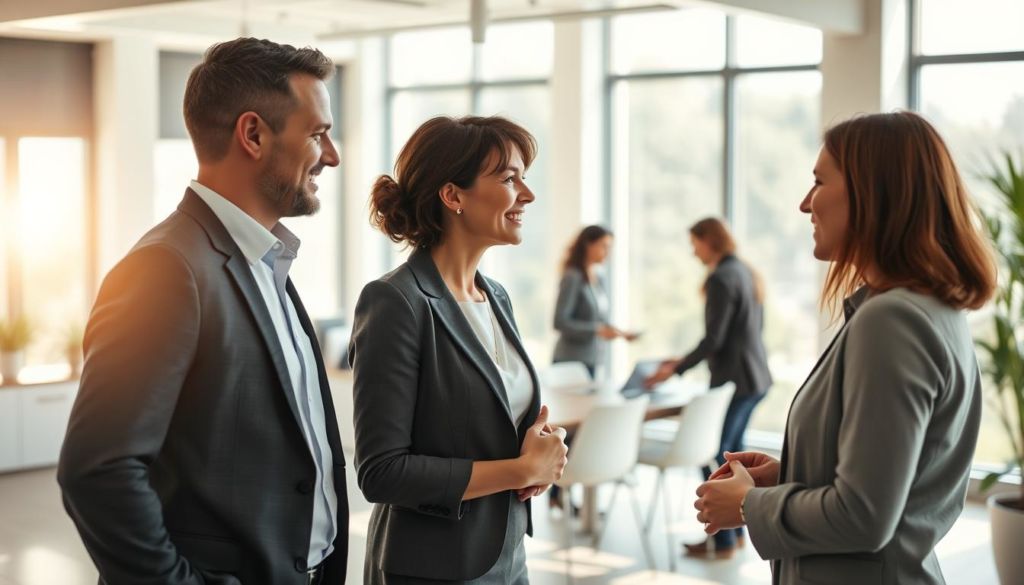 A sunny, modern office space with a warm, inviting atmosphere. In the foreground, two businesspeople, a man and a woman, are engaged in a friendly discussion, their body language conveying a sense of trust and open communication. The middle ground features a team of colleagues collaborating around a conference table, their expressions focused yet collaborative. In the background, large windows allow natural light to flood the room, creating a sense of openness and possibility. The scene exudes a tone of professionalism, long-term partnership, and a shared commitment to success.