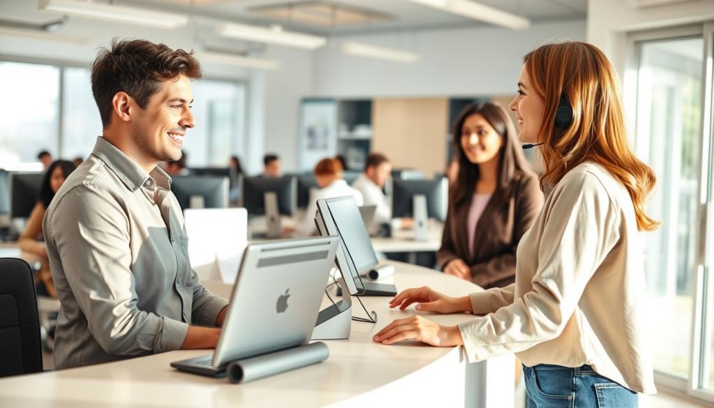 A sunny, well-lit office interior with a reception desk in the foreground. A customer service representative sits behind the desk, smiling warmly and leaning forward to assist a customer standing across the desk. The customer appears satisfied and engaged in conversation. In the background, a team of customer service agents diligently attend to calls and computer screens, creating a bustling yet organized atmosphere. The lighting is soft and natural, conveying a welcoming and professional ambiance. The overall scene depicts exceptional customer service, with the staff attentive and responsive to the needs of the client.