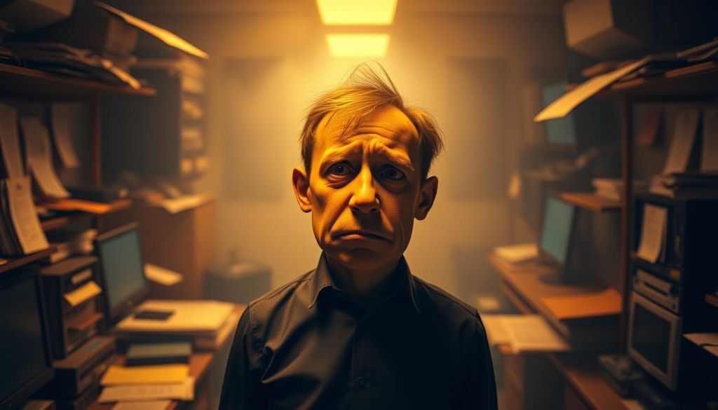 A surreal portrait of a confused and overwhelmed persona, standing in a dimly lit office setting. The figure's expression is one of bewilderment, with unfocused eyes and furrowed brows, struggling to make sense of the cluttered, disorganized environment around them. The background is a hazy, claustrophobic blend of desks, paperwork, and technological devices, creating a sense of cognitive dissonance and information overload. Warm, amber lighting casts dramatic shadows, heightening the sense of unease and frustration. The overall mood is one of common missteps and pitfalls encountered when crafting ineffective personas, a cautionary tale of the importance of thorough research and thoughtful character development.