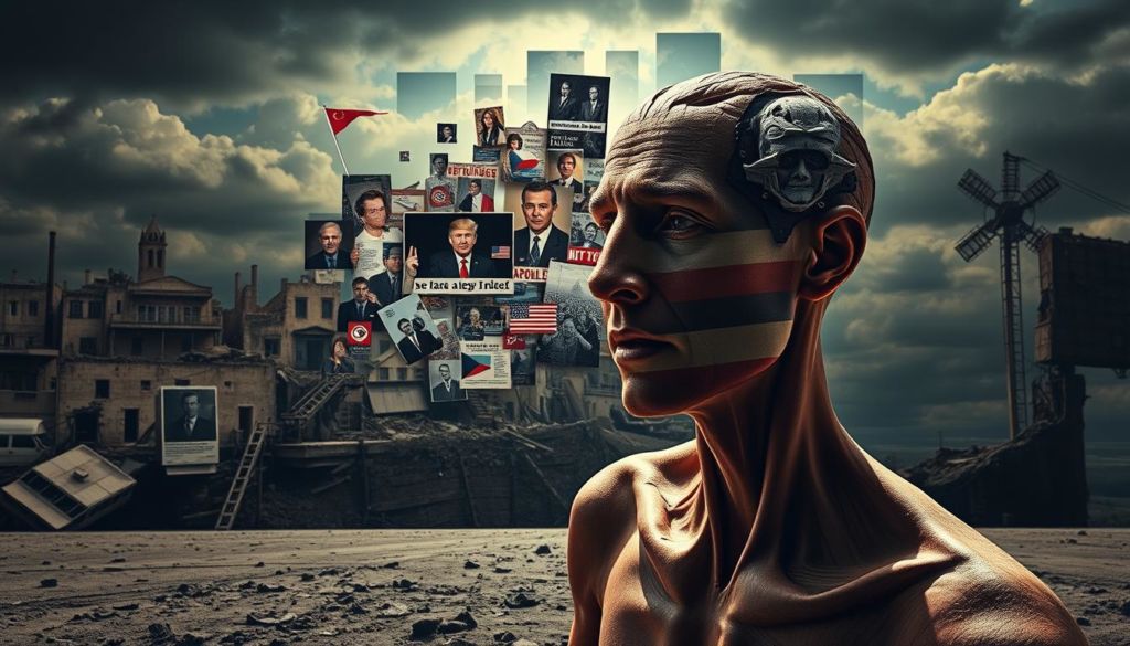 A surreal scene depicting the detrimental impact of deceptive propaganda. In the foreground, a distorted and warped human figure symbolizes the psychological and emotional toll, their features twisted and fragmented. The middle ground showcases a collage of manipulated media imagery, blending truth and falsehood in a chaotic, disorienting manner. In the background, a dystopian landscape of crumbling structures and ominous skies conveys the broader societal consequences of such misinformation. Dramatic lighting casts long, unsettling shadows, creating an atmosphere of unease and discomfort. The overall composition evokes a sense of cognitive dissonance, visually representing the detrimental impact of deceptive propaganda.