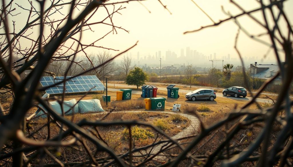A sustainable marketing challenge landscape, shot with a wide-angle lens under warm, diffused lighting. In the foreground, twisted branches symbolize obstacles and complexities. The middle ground features a diverse mix of sustainable icons - solar panels, recycling bins, electric vehicles. In the distant background, a hazy urban skyline represents the broader business environment. The overall mood is one of thoughtful contemplation, inviting the viewer to ponder the nuances of implementing sustainable marketing practices.