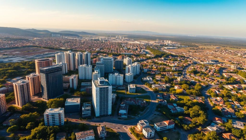 A sweeping aerial view of a bustling Brazilian real estate market, captured through the lens of a wide-angle camera. In the foreground, a vibrant cityscape of high-rise condominiums, office towers, and bustling commercial centers. The middle ground showcases a diverse array of residential properties, from modern apartment blocks to traditional family homes, all nestled amidst lush greenery. In the distance, rolling hills and expansive farmland paint a picture of the broader economic landscape. The scene is illuminated by warm, golden sunlight, casting a sense of optimism and growth. The atmosphere conveys the dynamic nature of the Brazilian real estate market, poised for both challenges and opportunities.
