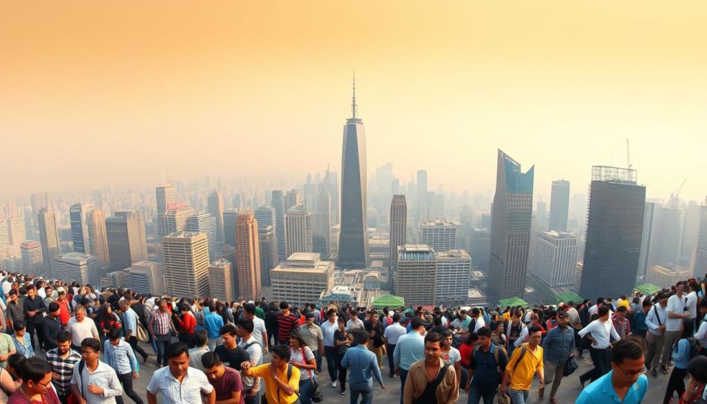 A sweeping panoramic view of a bustling international metropolis, captured through the lens of a wide-angle camera. In the foreground, a diverse array of people from different cultures and backgrounds mingle and interact, representing the global nature of the market. The middle ground showcases towering skyscrapers and iconic landmarks, symbolizing the scale and scope of international business. The background is dominated by a hazy, golden-hour sky, casting a warm, aspirational glow over the entire scene. The overall composition conveys a sense of dynamic global interconnectedness, reflecting the challenges and opportunities of international market positioning.