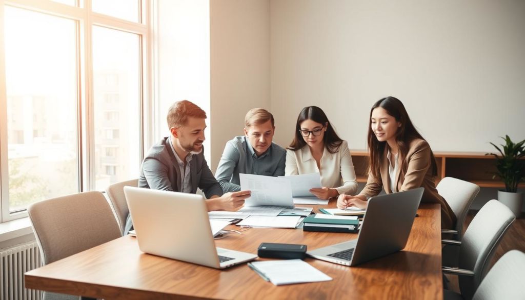 A team of businesspeople collaborating at a wooden conference table, deliberating over business documents and laptops in a modern, well-lit office space. Soft, diffused natural lighting streams in through large windows, casting a warm glow across the scene. The atmosphere is one of thoughtful discussion and decision-making, as the group carefully considers their partnership options for website outsourcing. Their expressions are focused yet casual, reflecting the importance of this task. The overall composition emphasizes the sense of cooperation and careful evaluation required when choosing an outsourcing partner.